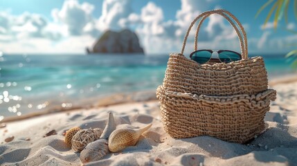 A beach bag, perfect for sunglasses and other beach essentials, lying on the sandy shore, captured in a realistic photograph.