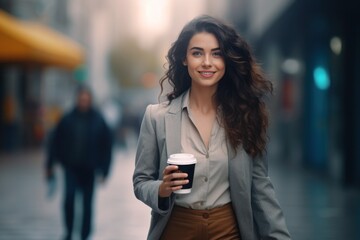 Fototapeta premium businesswoman near a business center with a glass of coffee in her hands