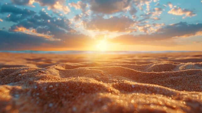 Summer beach sparkling with sunlight There is a soft sand beach. sparkling water and the clear blue sky It is evocative of vitality and promises to create unforgettable memories under natural light.