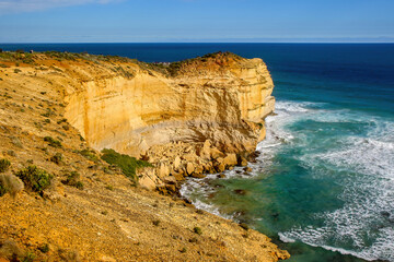 Castle rock at the Twelve Apostles, a collection of limestone stacks in the Tasman Sea off the...