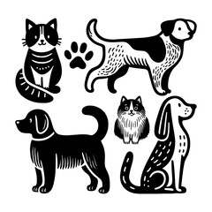 Dog cat funny happy cute collection vector doodle set. Dog cat puppy animals pet doodle set