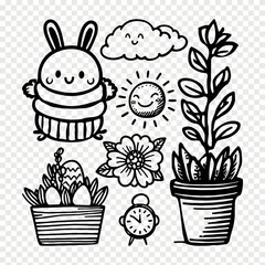 Easter bunny kawaii funny spring doodle set. Spring easter chick egg basket funny bird set