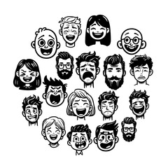 Face human man woman doodle vector set. Face people expression person sketch collection diversity set