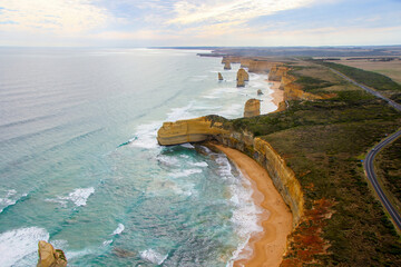 Aerial view of the Gibson Steps at the Twelve Apostles Marine National Park along the Great Ocean Road in Victoria, Australia - obrazy, fototapety, plakaty