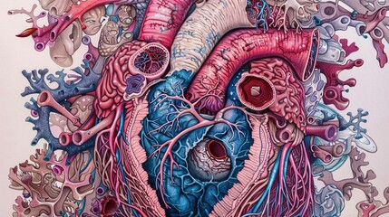 Intricate and detailed illustration depicting the cross-section of a human heart