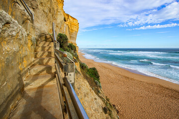 Stairway on the cliff of Gibson Steps at the Twelve Apostles Marine National Park along the Great...