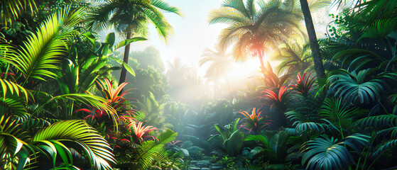 Fototapeta na wymiar Mystical Tropical Forest, Ethereal Jungle Mist, Sunlight Through Green Canopy, Natures Tranquility, Dreamy Scenery