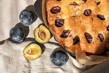 Freshly baked plum cake and plums on linen cloth background, illuminated by natural sunlight with soft shadows, lifestyle