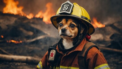  A heroic cat firefighter. Fire on background.