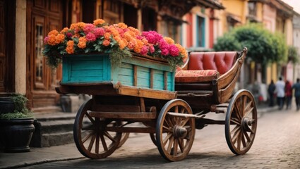 Fototapeta na wymiar Vintage wooden cart with flowers in old town