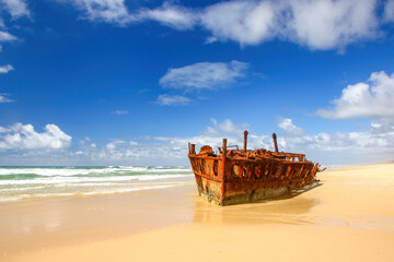 SS Maheno shipwreck half buried in the sand of the 75 mile beach on the east coast of Fraser Island...