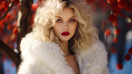 Beautiful young woman with light porcelain skin and combed blonde hair. wearing a white fur coat...