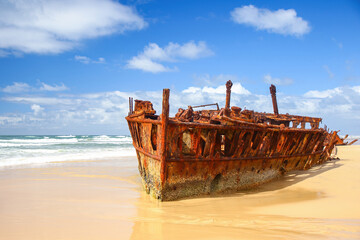 SS Maheno shipwreck half buried in the sand of the 75 mile beach on the east coast of Fraser Island...