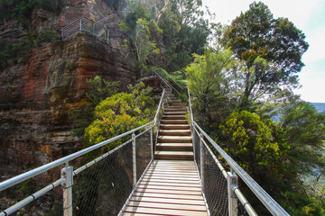Giant Stairway leading down to the Honeymoon Bridge at the Three Sisters rocky outcrop in the Blue Mountains National Park, New South Wales, Australia