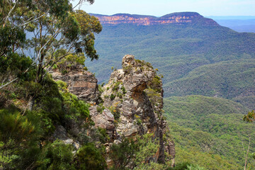 Three Sisters rocky sandstone outcrop in the Blue Mountains National Park, New South Wales,...