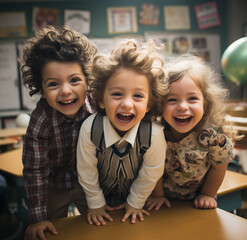 Un grupo de alegres niños jugando en el colegio juntos y divirtiéndose.
En clase mirando a la cámara y sonriendo. Imagen selfie. Concepto de amistad. - obrazy, fototapety, plakaty