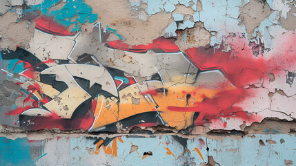 A fragment of colorful graffiti painted on a wall. Abstract urban background for design. Spray...