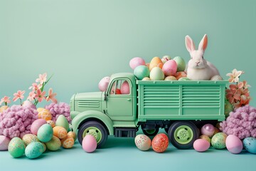 mint color dumper truck full of pastel color Easter eggs and spring flowers and real Easter bunny vibrant pastel background