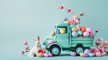 mint color dumper truck full of pastel color Easter eggs and spring flowers and real Easter bunny...