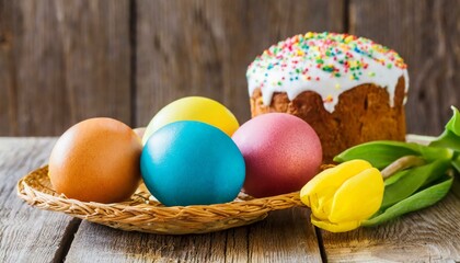 Fototapeta na wymiar Easter egg panettone bread cake background Happy easter spring holiday tulip