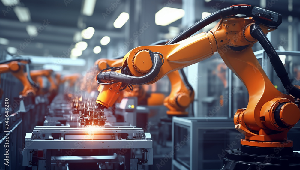 Poster work of robot in factory. according to the industry 4.0 program. replacement of missing human resour