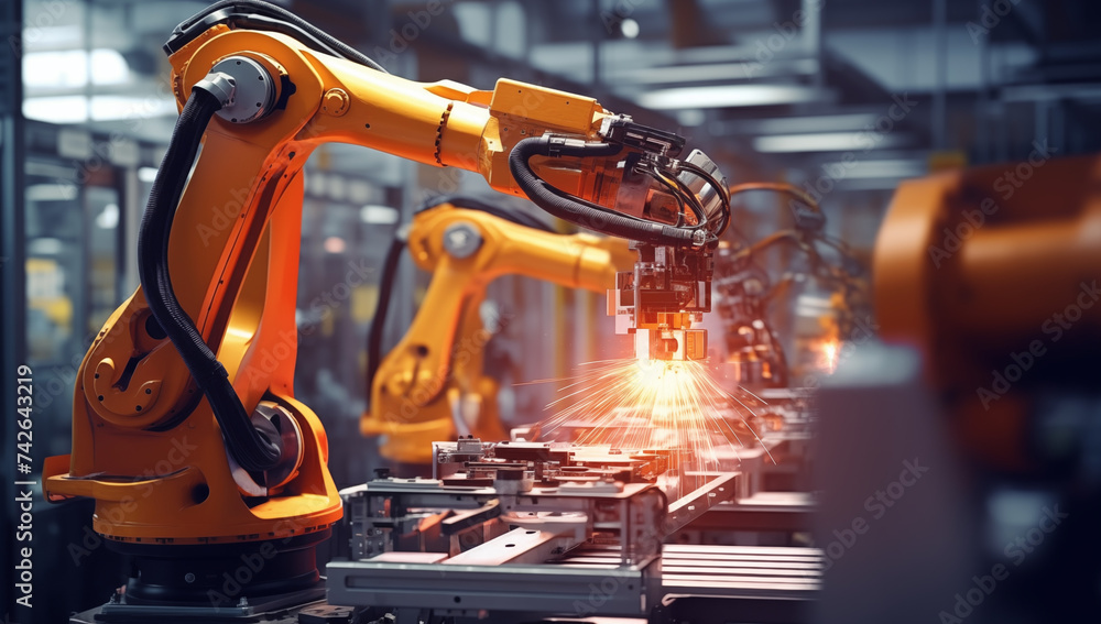 Poster work of robot in factory. according to the industry 4.0 program. replacement of missing human resour