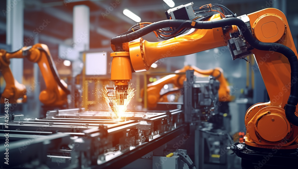 Poster work of robot in factory. according to the industry 4.0 program. replacement of missing human resour