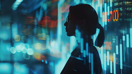 business woman looking at trading chart, digital display screen