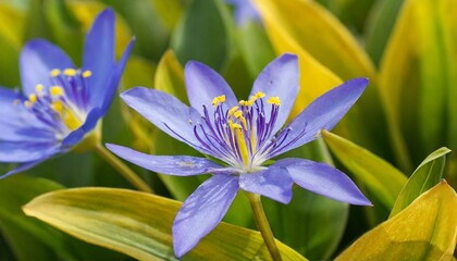 vertical image of the blue flowers and yellow leaves foliage of sweet kate spiderwort tradescantia sweet kate