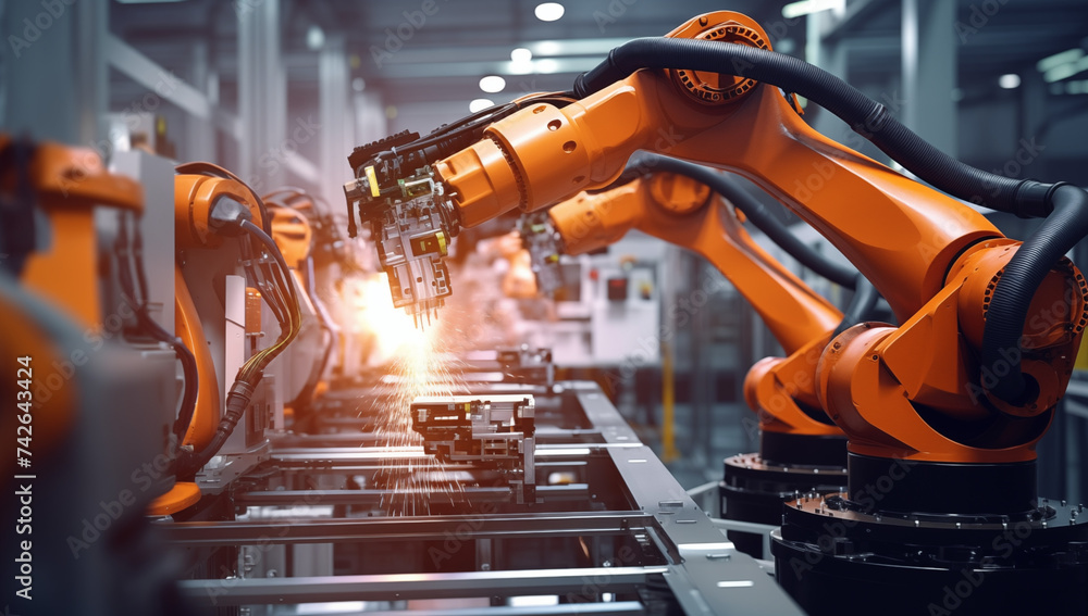 Poster work of robot in factory. according to the industry 4.0 program. replacement of missing human resour