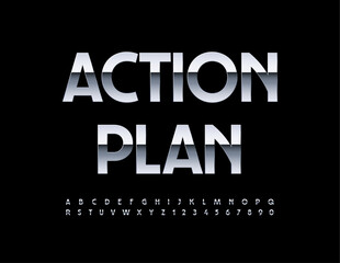 Vector business emblem Action Plan. Modern Silver Font. Set of Metallic Alphabet Letters and Numbers.