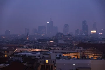 Foto auf Acrylglas Antireflex Milan - February 2024 - Milan modern city skyline in smog fog - High Levels air pollution - Rose Dusk © Diego Ioppolo