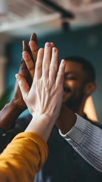 Close up shot of office mates high-fiving in a office, good teamwork.