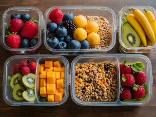 A vibrant, healthy meal prep scene with an assortment of colorful fruits, vegetables, and grains neatly arranged in reusable containers.