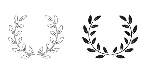 Fototapeta premium Laurel Wreath, Chaplet, Victory Certificate Symbol Collection. Foliate Award Line and Silhouette Black Icon Set. Tree Branch, Winner Emblem, Olive Leaf Pictogram. Isolated Vector Illustration