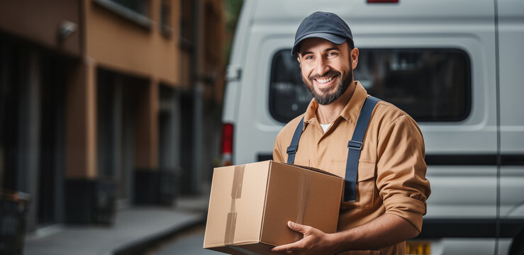 Repartidor feliz llevando paquetes mientras hace la entrega a domicilio a su cliente.
Repartidor de paquetes, conducci&oacute;n, reparto de cajas y mercanc&iacute;as, log&iacute;stica, peque&ntilde;o empresario, aut&oacute;nomo
