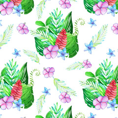 Tropical seamless pattern with watercolor exotic flowers and leaves. Hand painted summertime jungle plants for print, packaging, greeting cards.