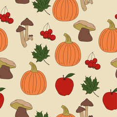 Autumn plants set. Cartoon painted pumpkins, leaves, mushroom, rowan, apple, cone, acorn isolated on light background. Floral illustration for design, print or background.