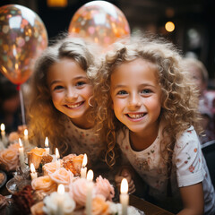 Obraz na płótnie Canvas Elegante y especial fiesta de cumpleaños infantil. Grupo de niños felices celebrando un cumpleaños en un restaurante. Niños soplan velas en pastel de cumpleaños. Fiesta infantil.