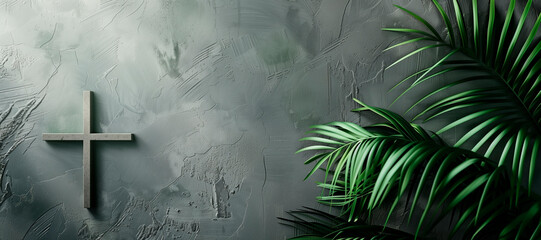 Naklejka premium Palm sunday background. Cross and palm on grey background