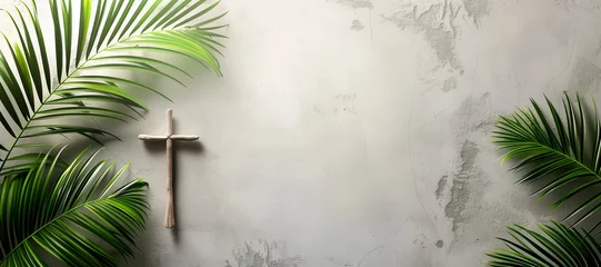 Foto op Plexiglas Palm sunday background. Cross and palm on grey background © Enrique