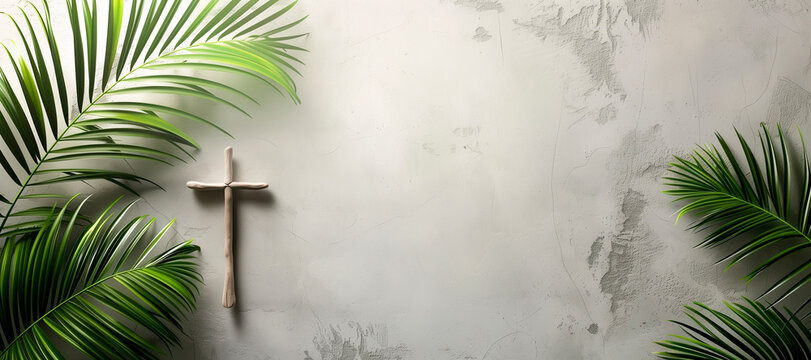 Palm sunday background. Cross and palm on grey background