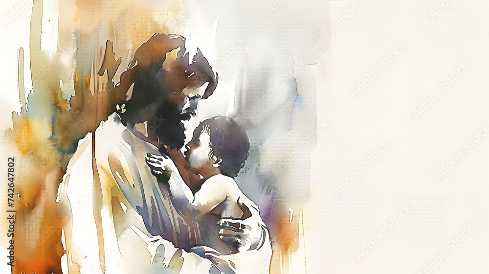 Wall mural watercolor illustration of jesus christ holding a child in his arms. watercolor painting - Wall murals