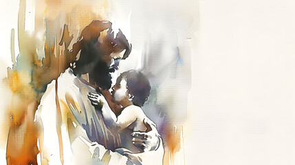 Watercolor illustration of Jesus Christ holding a child in his arms. Watercolor painting © john