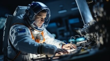 Young male Astronaut Performing a Spaceship Maintenance and Check Up in Outer Space on a...