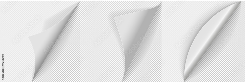 Poster pages edge curl and bent papers sheet with realistic shadow.