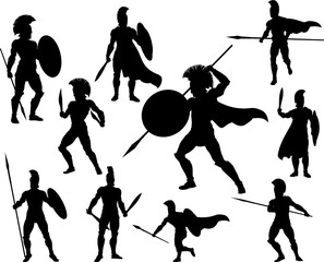 A set of Spartan or Trojan ancient Greek hoplite warrior silhouettes. Could also be Roman gladiators.