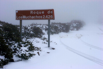 road sign for highest mountain of La Palma Roque de los Muchachos, Canary Islands, Spain