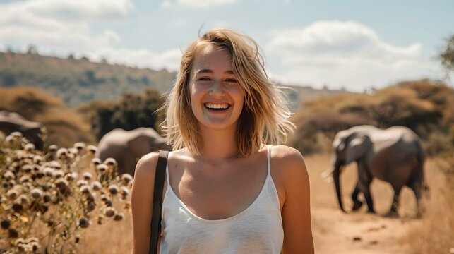 Joyful young woman on safari in the wild. smiling tourist with elephants in the background. casual outdoor style. natural landscape setting. adventure travel. AI