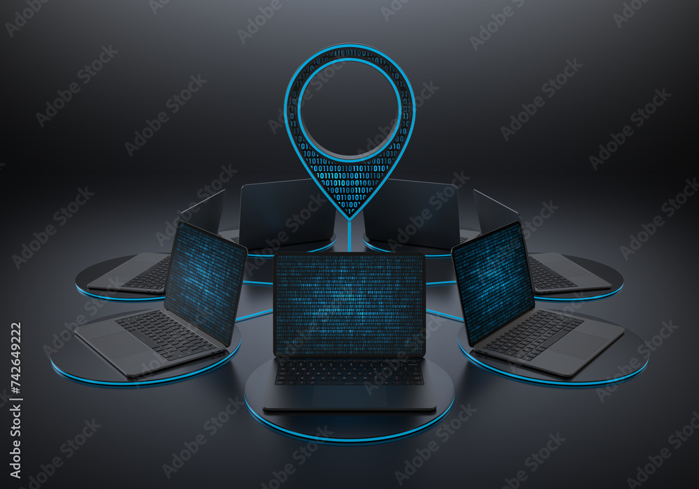 Poster laptop devices in circular arrangement connected to a location pin on a dark background. realistic r